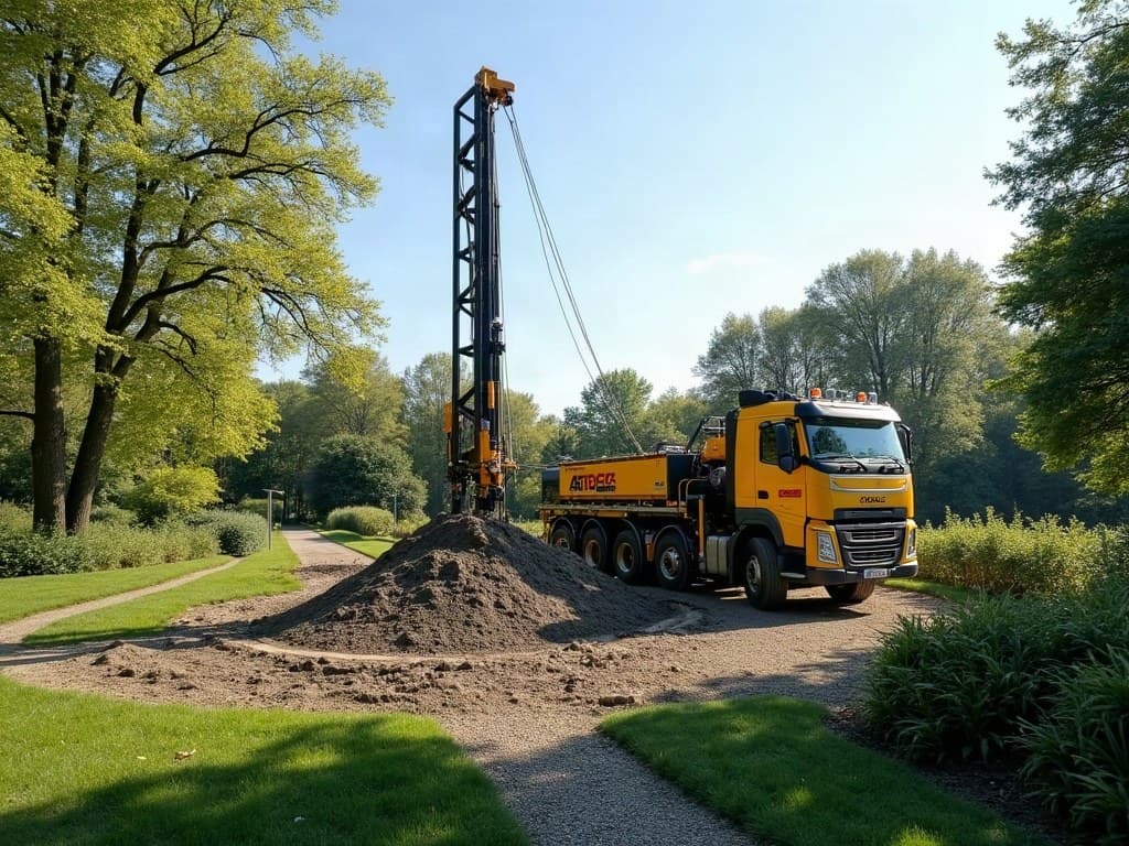 Foreuse jaune sur camion, mât dressé en entier, au bord d’un jardin arboré, déblais du forage à son pied