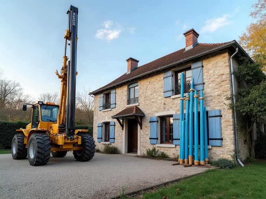Foreuse au mât dressé devant une maison en pierre blonde, tubes de tubage en PVC bleu neufs dressés à côté